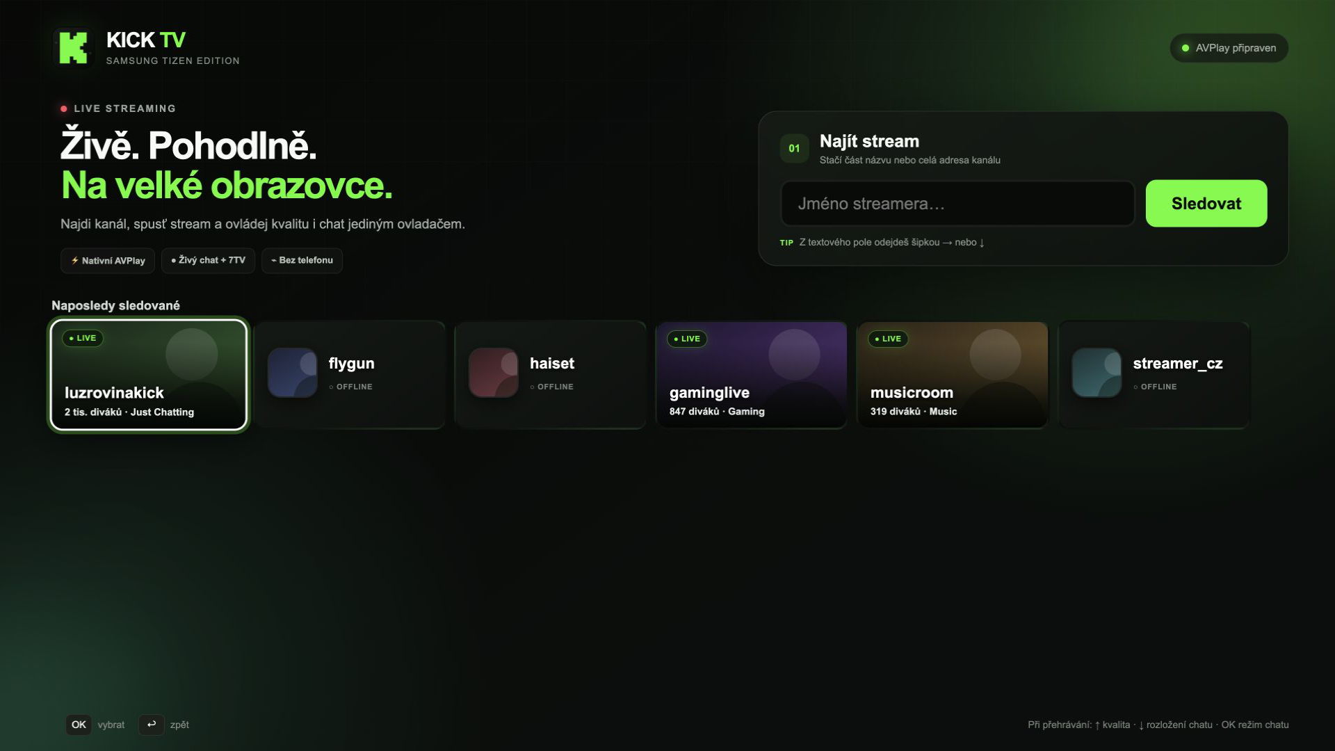 Historie Kick streamerů s profilovými obrázky, stavem LIVE a OFFLINE, diváky a kategoriemi