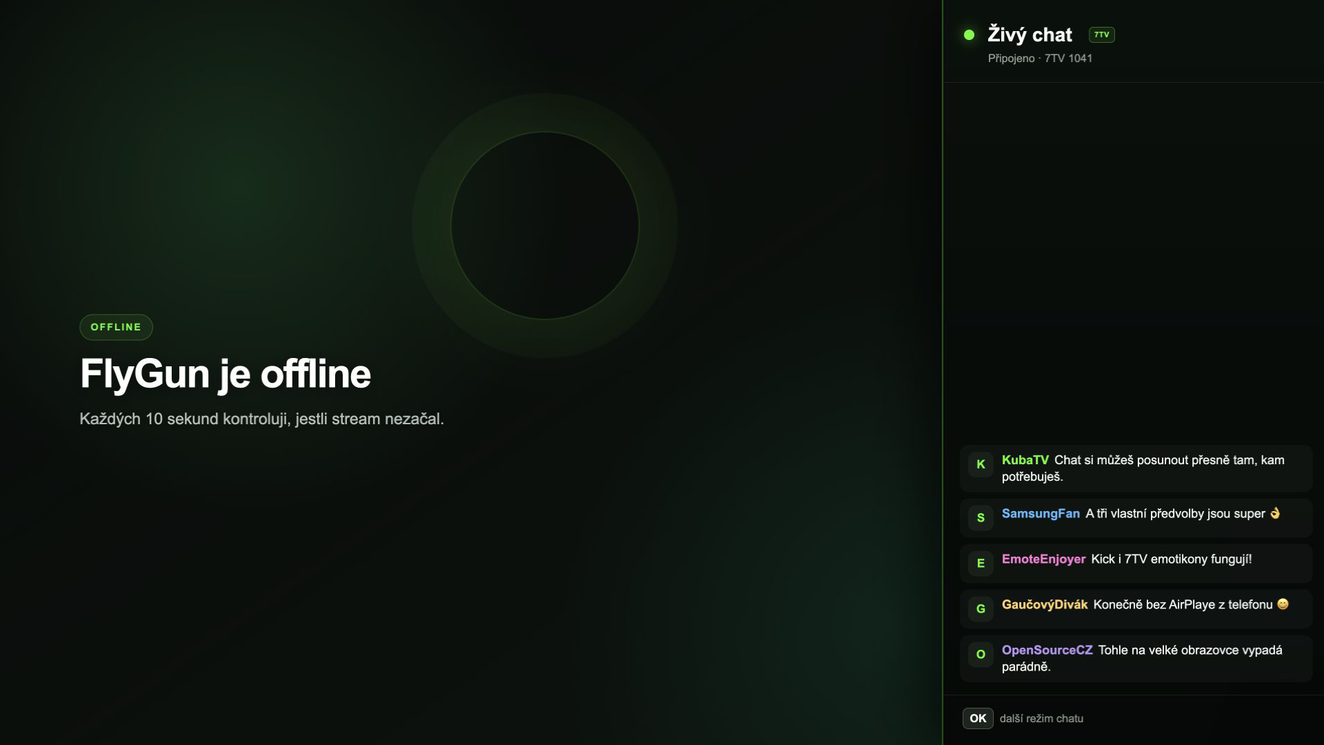 Offline Kick streamer se jménem, automatickou kontrolou a otevřeným chatem