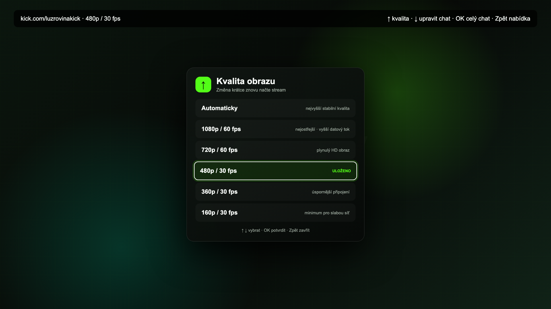 Nabídka pro výběr kvality Kick streamu